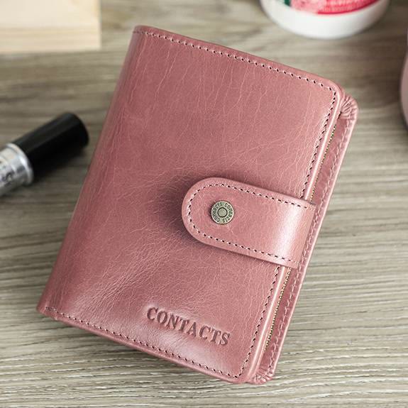 RFID Blocking Genuine Leather Multi-Card Buckle Wallet with Zip Coin Pocket