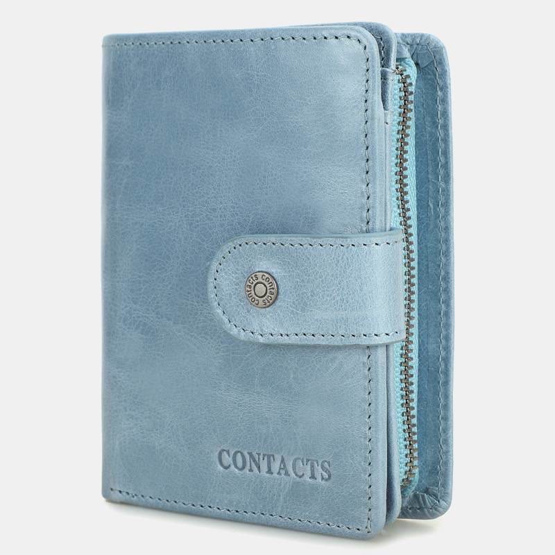 RFID Blocking Genuine Leather Multi-Card Buckle Wallet with Zip Coin Pocket