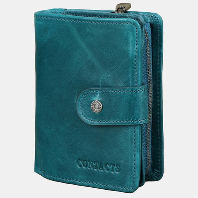 RFID Blocking Genuine Leather Multi-Card Buckle Wallet with Zip Coin Pocket