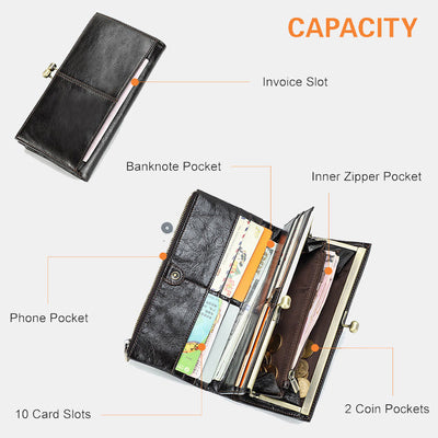 Large Capacity RFID Blocking Leather Womens Wallet Card Holder