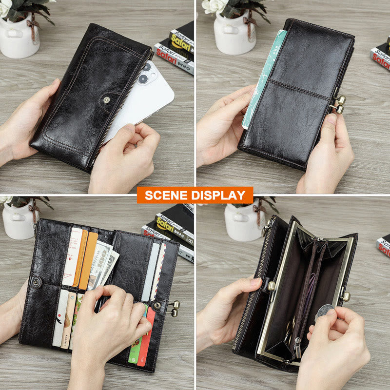 Large Capacity RFID Blocking Leather Womens Wallet Card Holder