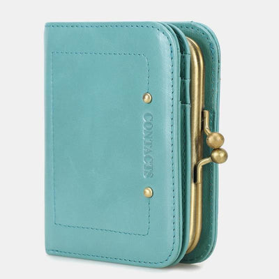 Genuine Leather Kiss-Lock Womens Wallet Bifold RFID Blocking Wallet