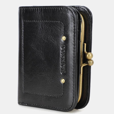 Genuine Leather Kiss-Lock Womens Wallet Bifold RFID Blocking Wallet