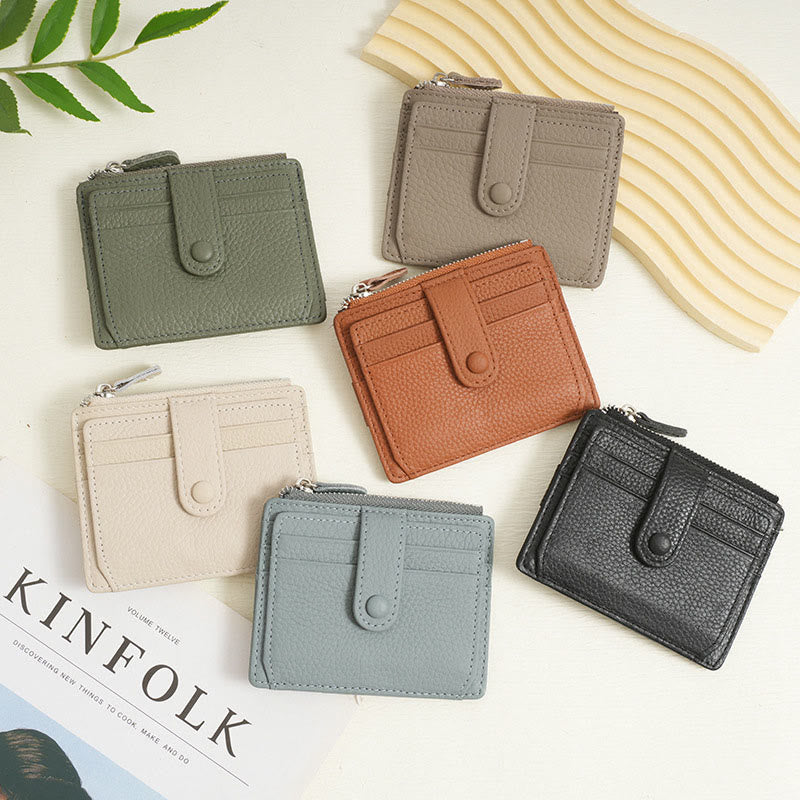 Genuine Leather Multi-Slot Mini Card Holder Wallet with Zip Coin Purse