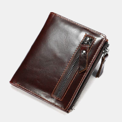 Men's Genuine Leather Bifold Wallet with Card Holder Double Zipper Pocket