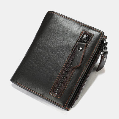 Men's Genuine Leather Bifold Wallet with Card Holder Double Zipper Pocket