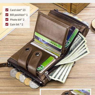 RFID Genuine Leather Retro Zipper Wallet