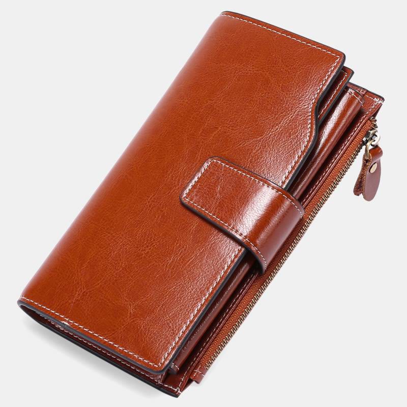 RFID Blocking Long Wallet Oil Wax Leather Phone Purse with Zipper Pocket