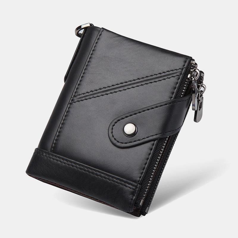 RFID Blocking Double Zip Genuine Leather Retro Wallet