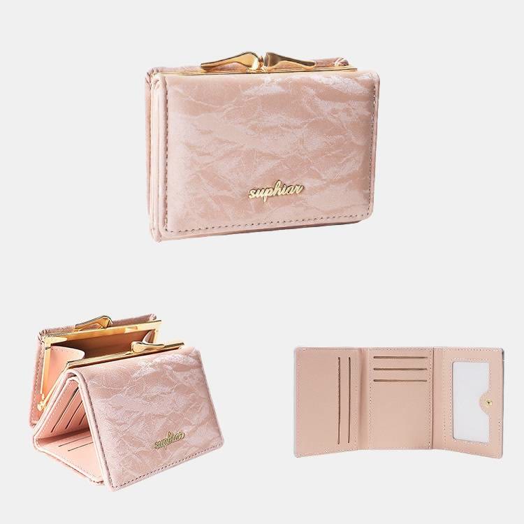 Women Small Trifold Soft Corduroy Wallet with Kiss-Locked Pocket