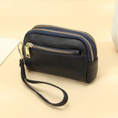 Multi-Pocket Genuine Leather Small Wallet Coin Purse with Wrist Strap