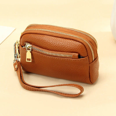 Multi-Pocket Genuine Leather Small Wallet Coin Purse with Wrist Strap