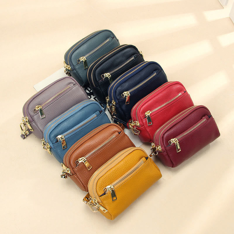 Multi-Pocket Genuine Leather Small Wallet Coin Purse with Wrist Strap