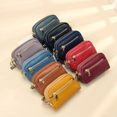 Multi-Pocket Genuine Leather Small Wallet Coin Purse with Wrist Strap