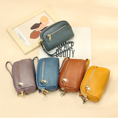 Multi-Pocket Genuine Leather Small Wallet Coin Purse with Wrist Strap