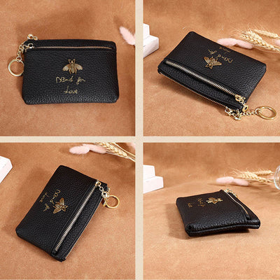 Genuine Leather Retro Bee Wallet Mini Zip Coin Purse with Keychain