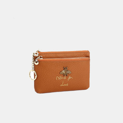 Genuine Leather Retro Bee Wallet Mini Zip Coin Purse with Keychain