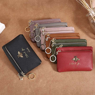 Genuine Leather Retro Bee Wallet Mini Zip Coin Purse with Keychain