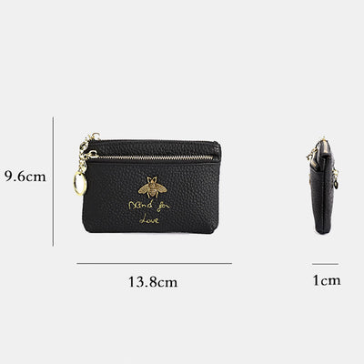 Genuine Leather Retro Bee Wallet Mini Zip Coin Purse with Keychain