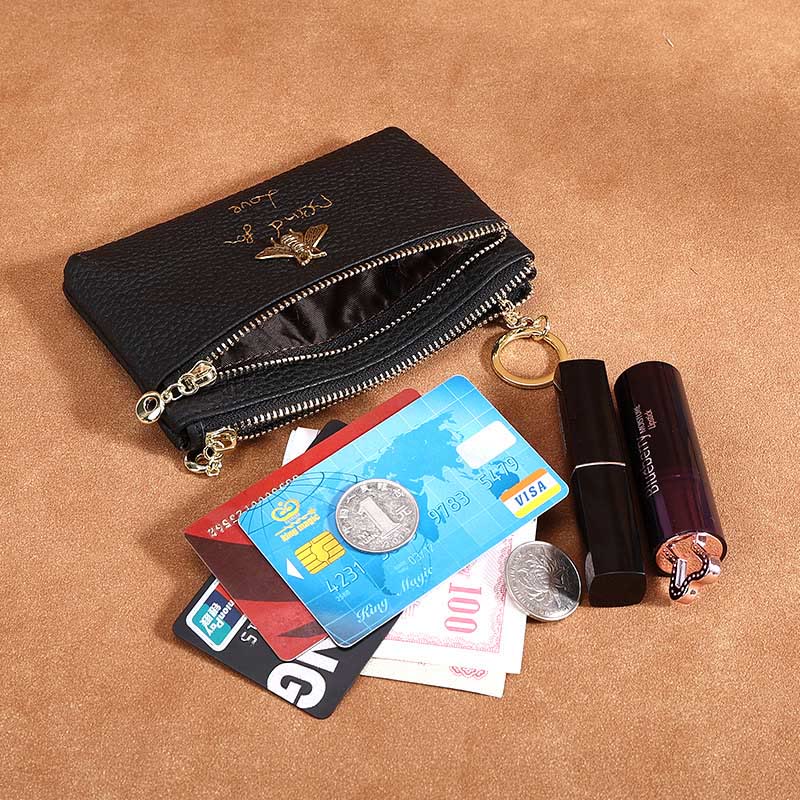 Genuine Leather Retro Bee Wallet Mini Zip Coin Purse with Keychain