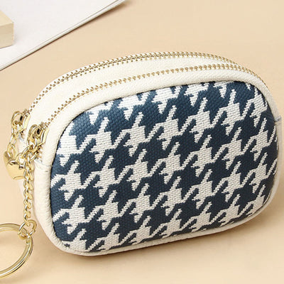 Genuine Leather Houndstooth Pattern Double Zip Coin Purse Wallet