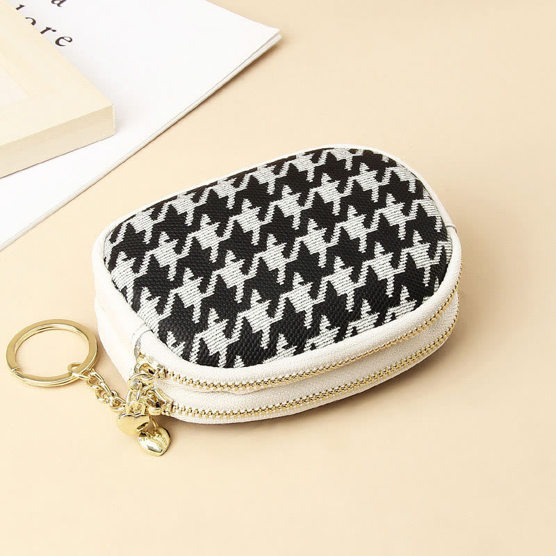 Genuine Leather Houndstooth Pattern Double Zip Coin Purse Wallet