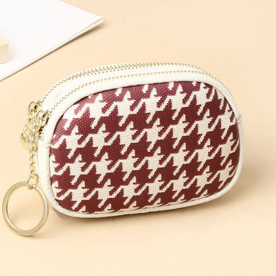 Genuine Leather Houndstooth Pattern Double Zip Coin Purse Wallet