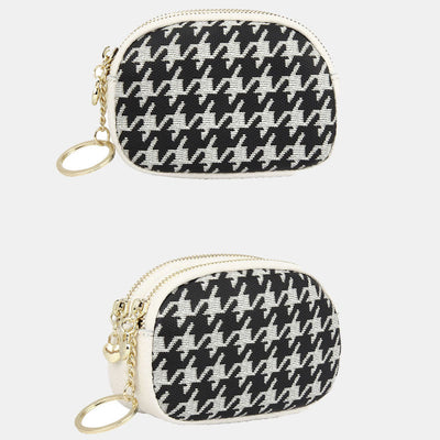 Genuine Leather Houndstooth Pattern Double Zip Coin Purse Wallet