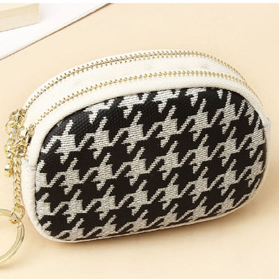 Genuine Leather Houndstooth Pattern Double Zip Coin Purse Wallet