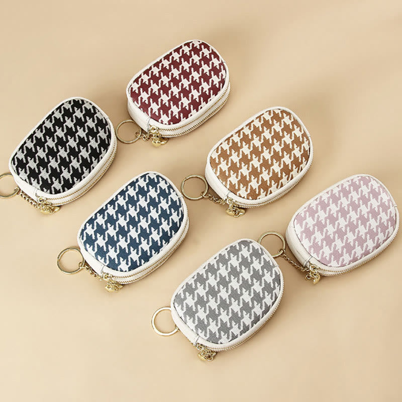 Genuine Leather Houndstooth Pattern Double Zip Coin Purse Wallet