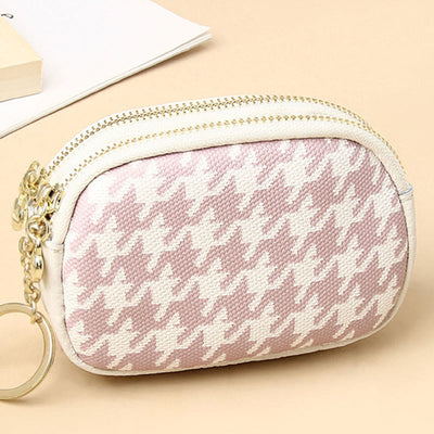 Genuine Leather Houndstooth Pattern Double Zip Coin Purse Wallet