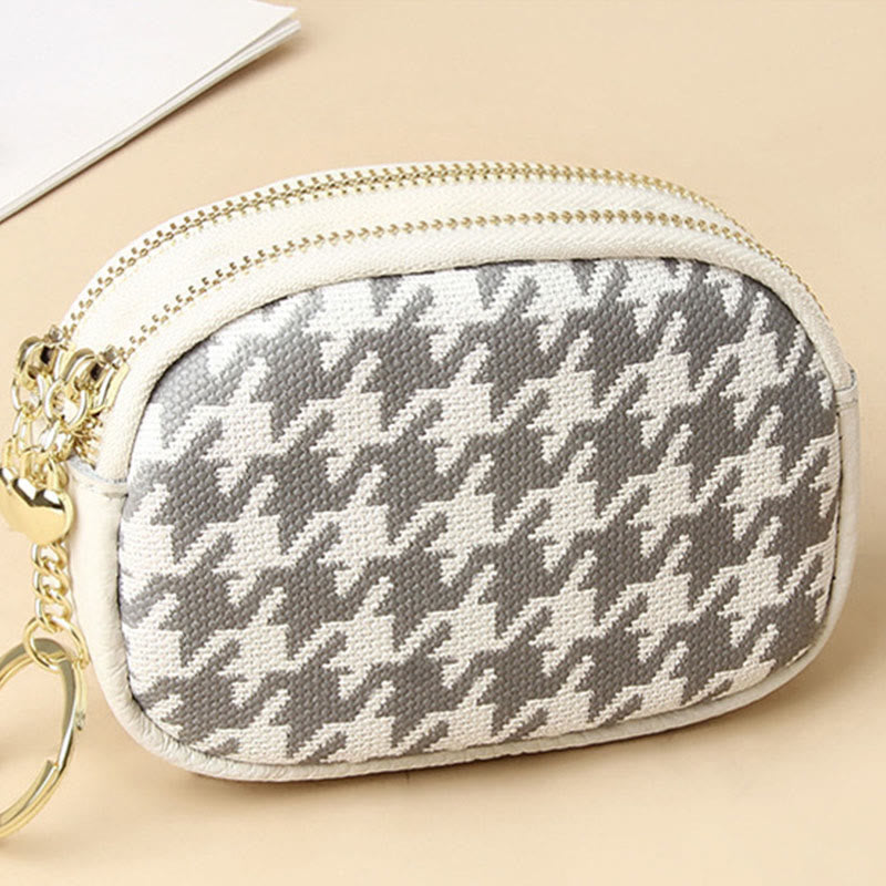 Genuine Leather Houndstooth Pattern Double Zip Coin Purse Wallet