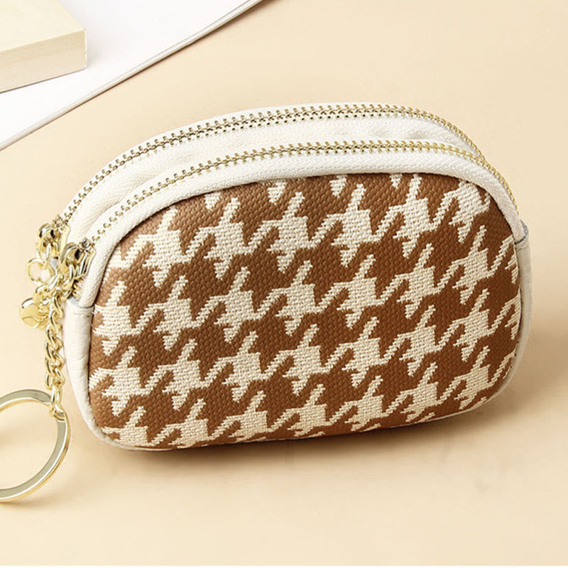 Genuine Leather Houndstooth Pattern Double Zip Coin Purse Wallet