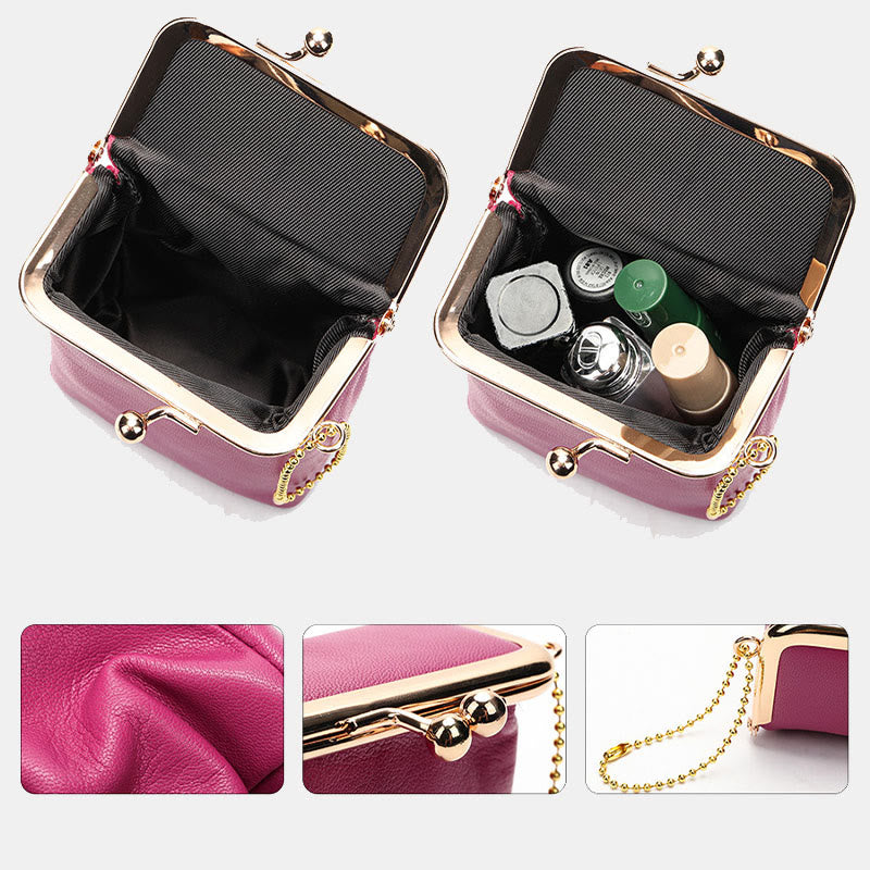 Genuine Leather Kiss-Locked Coin Purse Mini Storage Bag