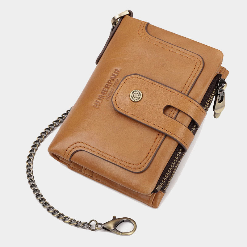 Trifold Small Wallet Genuine Leather RFID Blocking Wallet with Chain