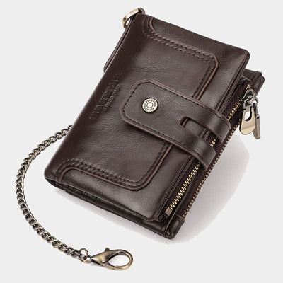 Trifold Small Wallet Genuine Leather RFID Blocking Wallet with Chain