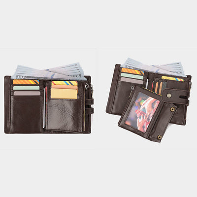 Trifold Small Wallet Genuine Leather RFID Blocking Wallet with Chain