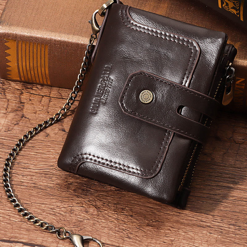 Trifold Small Wallet Genuine Leather RFID Blocking Wallet with Chain