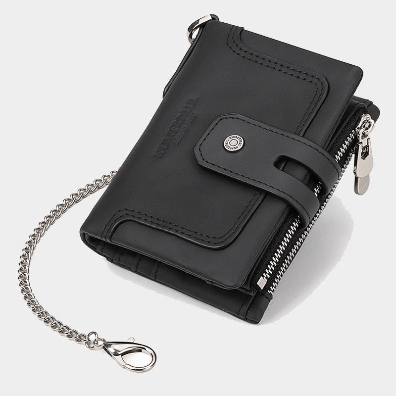 Trifold Small Wallet Genuine Leather RFID Blocking Wallet with Chain