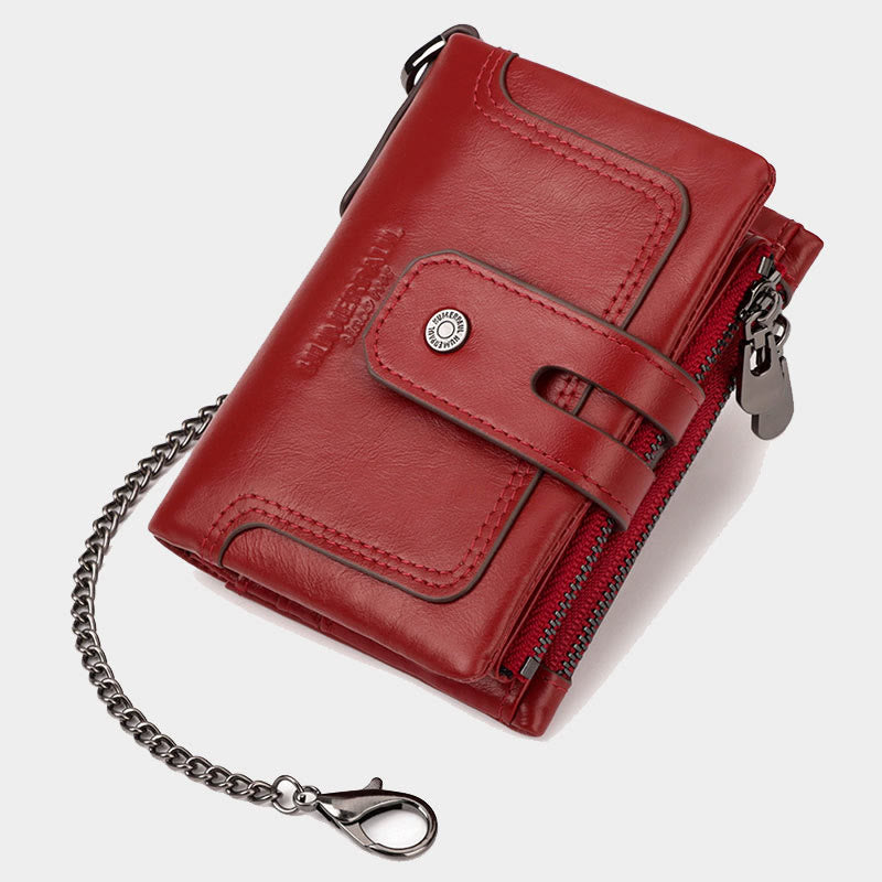 Trifold Small Wallet Genuine Leather RFID Blocking Wallet with Chain