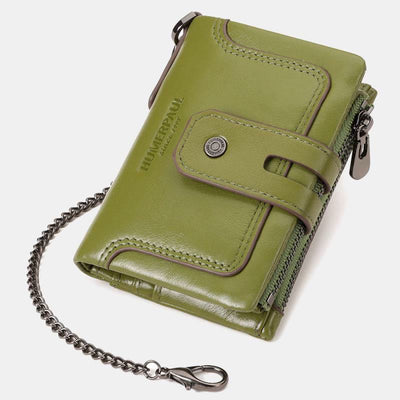 Trifold Small Wallet Genuine Leather RFID Blocking Wallet with Chain