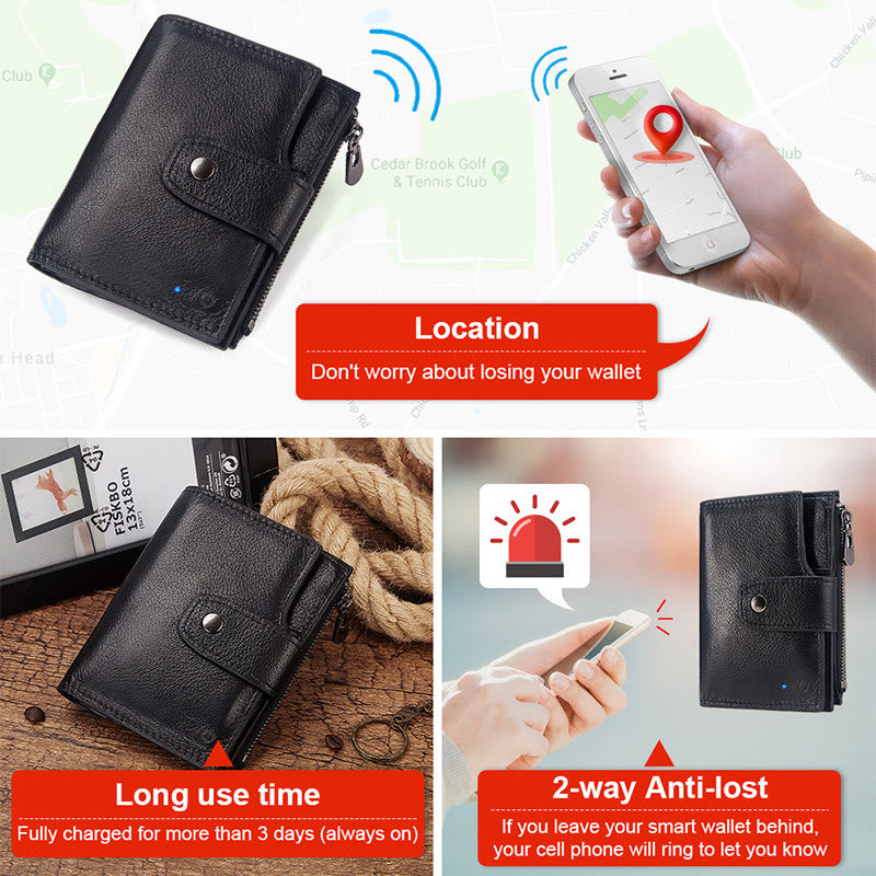 Intelligent Wallet Built-in Bluetooth RFID Blocking Trifold Leather Wallet