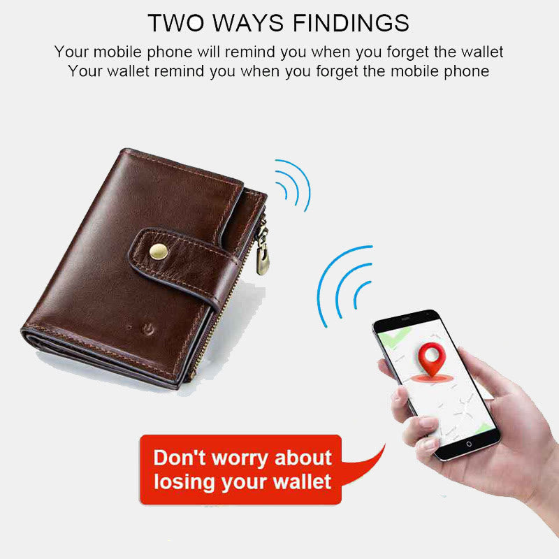 Intelligent Wallet Built-in Bluetooth RFID Blocking Trifold Leather Wallet