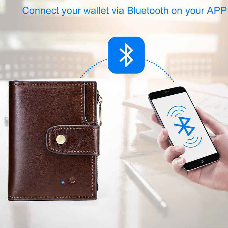 Intelligent Wallet Built-in Bluetooth RFID Blocking Trifold Leather Wallet