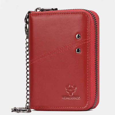 Unisex Trifold Zip Around Wallet RFID Blocking Leather Wallet with Chain