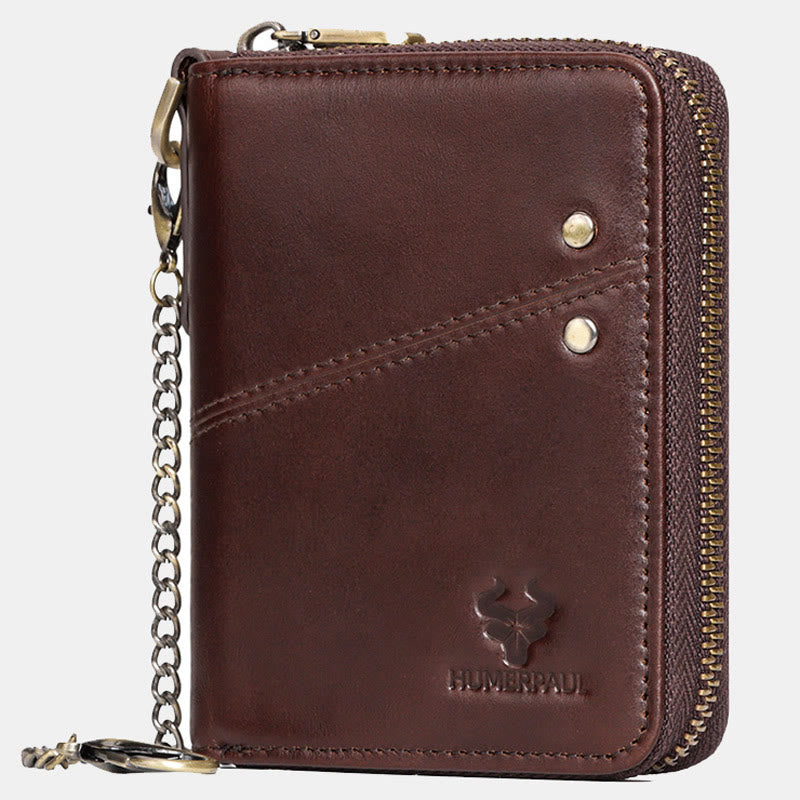 Unisex Trifold Zip Around Wallet RFID Blocking Leather Wallet with Chain