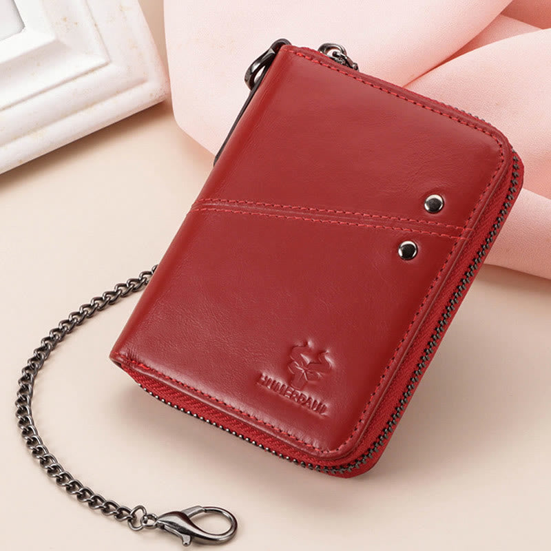 Unisex Trifold Zip Around Wallet RFID Blocking Leather Wallet with Chain