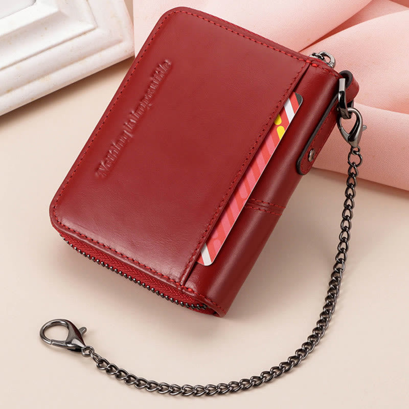 Unisex Trifold Zip Around Wallet RFID Blocking Leather Wallet with Chain