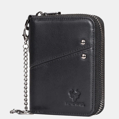 Unisex Trifold Zip Around Wallet RFID Blocking Leather Wallet with Chain