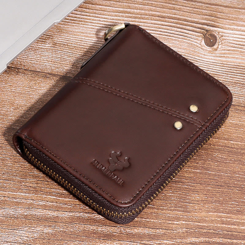 Unisex Trifold Zip Around Wallet RFID Blocking Leather Wallet with Chain